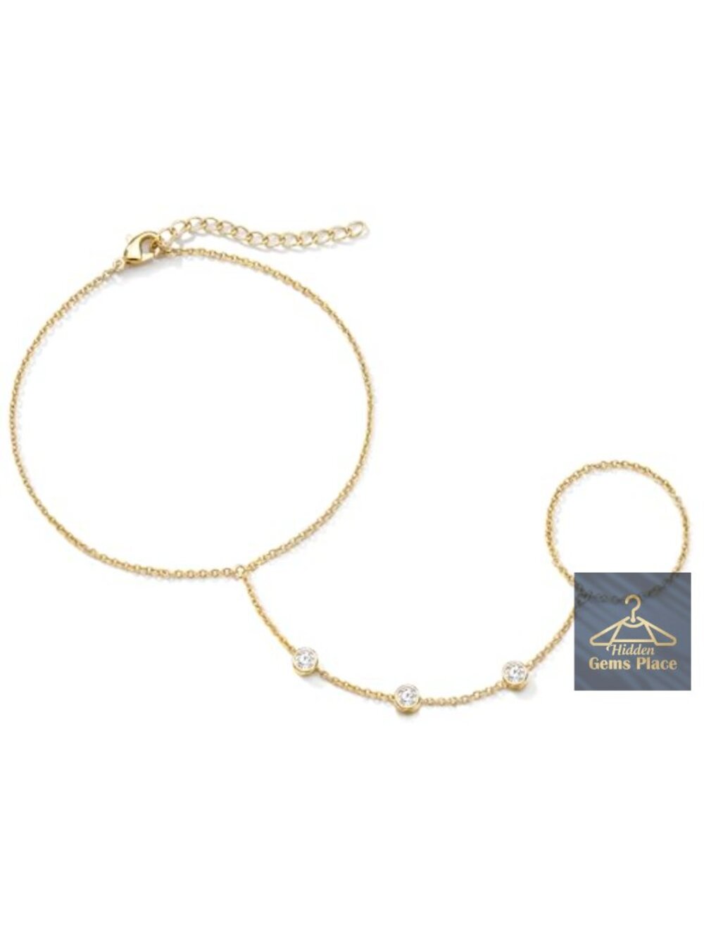 Dainty 14k Gold Plated Hand Chain Bracelet with Cubic Zircon Stone